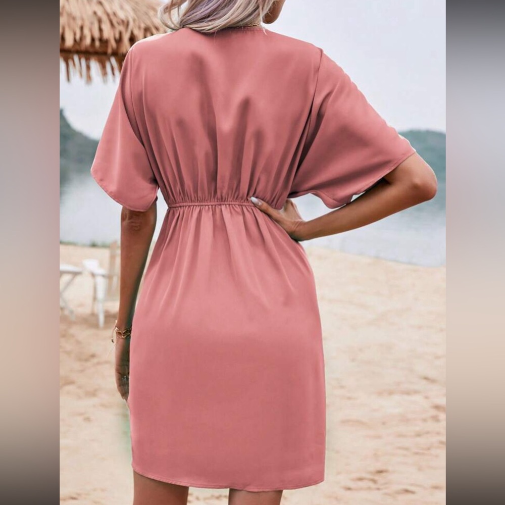 Boho pink batwing sleeve twist front dress - Picture 3 of 6